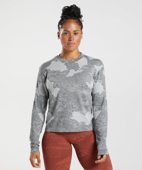 Women's Gymshark Adapt Camo Seamless Long Sleeve Top T-Shirts Grey | CA 81ND7A